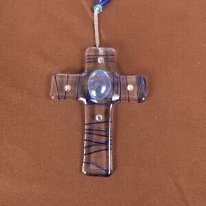 Glass Suncatcher Blue Beaded Cross